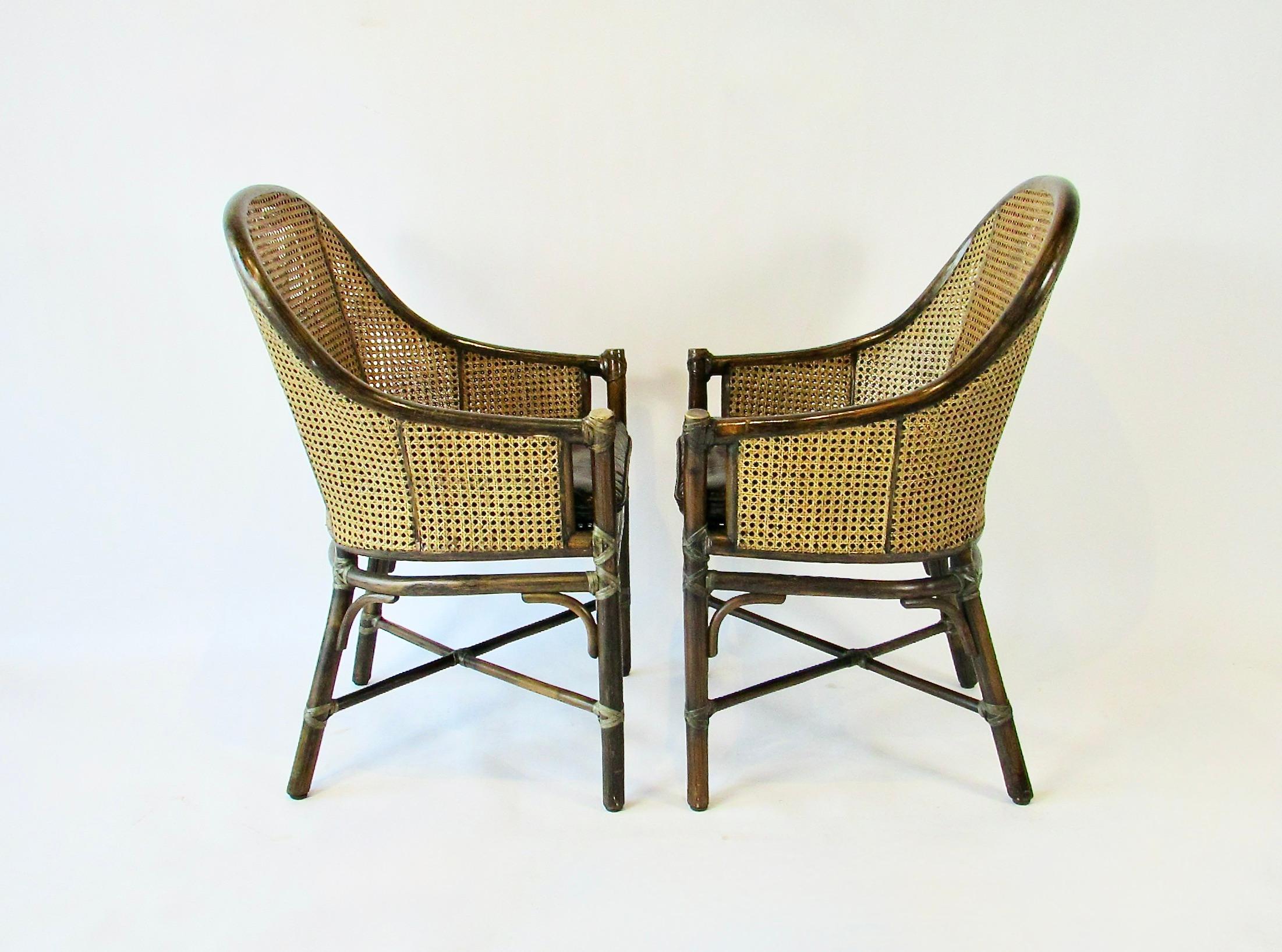 Hand-Knotted Set of four McGuire Bamboo with cane leather seat Belden dining chairs For Sale