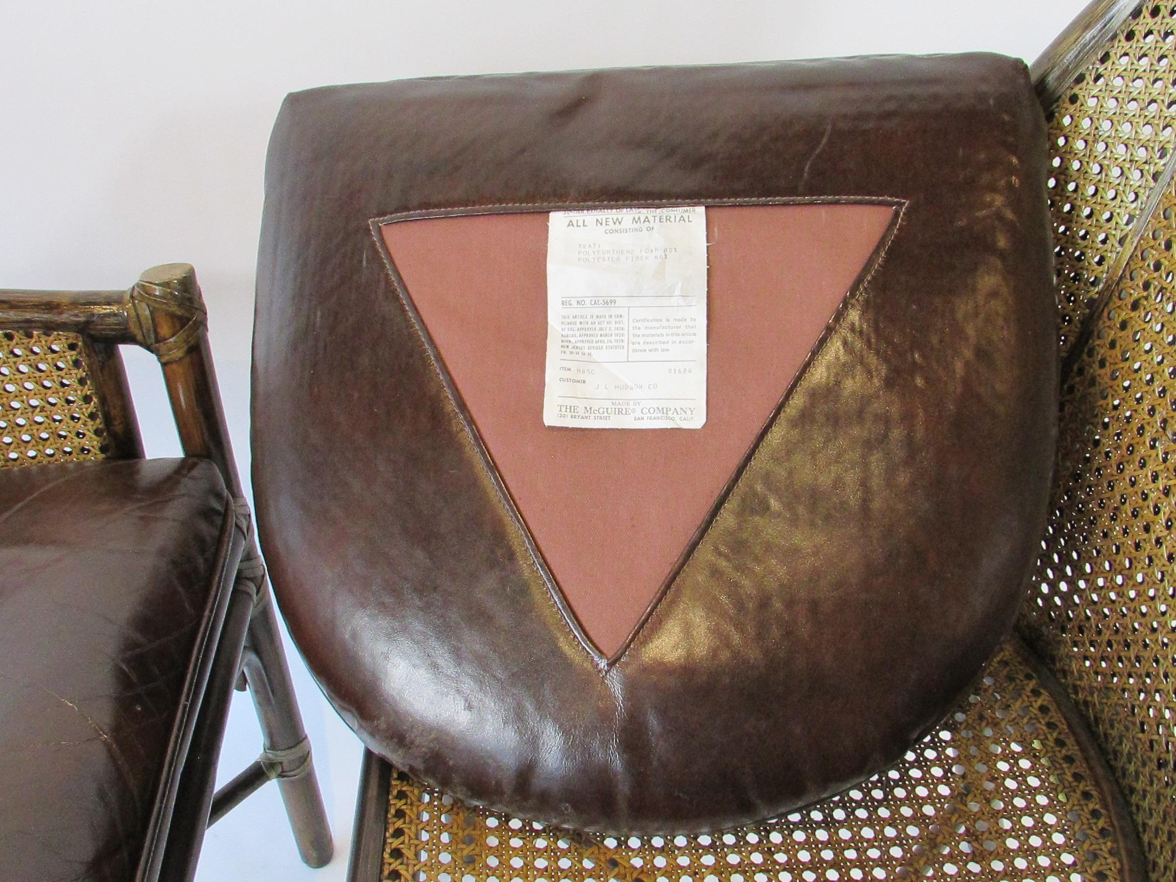 Set of four McGuire Bamboo with cane leather seat Belden dining chairs In Good Condition For Sale In Ferndale, MI