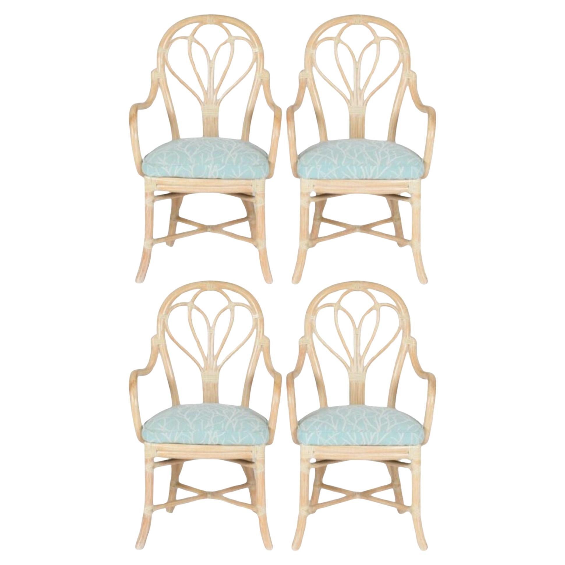 Set of Four McGuire Bent Rattan Bistro Loop Back Dining Arm Chairs