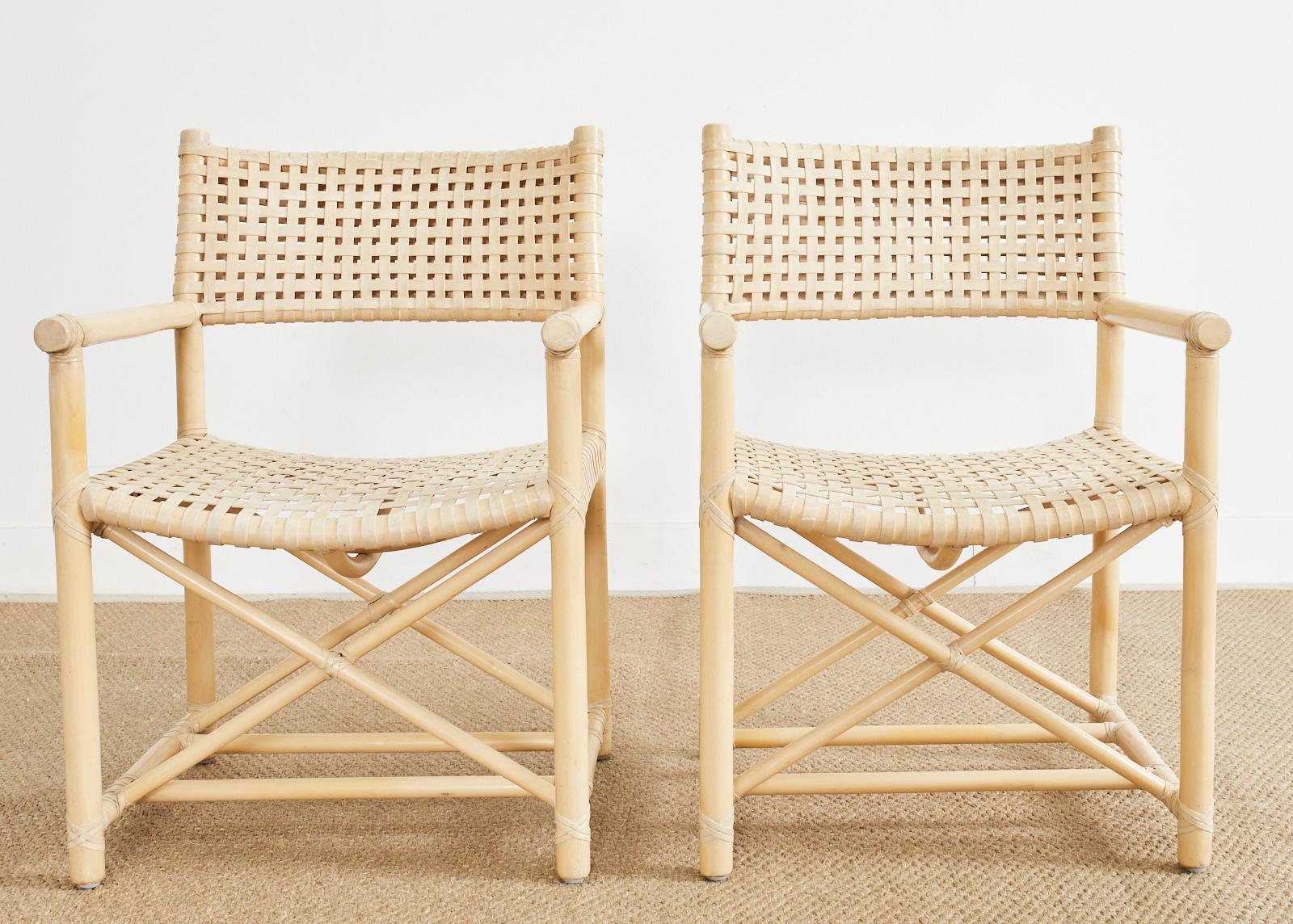 American Set of Four McGuire Blonde Rattan Laced Rawhide Dining Armchairs