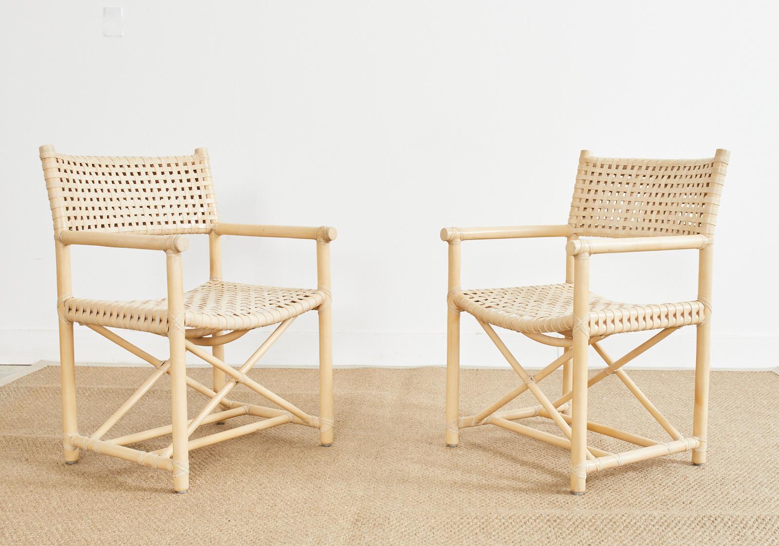 20th Century Set of Four McGuire Blonde Rattan Laced Rawhide Dining Armchairs