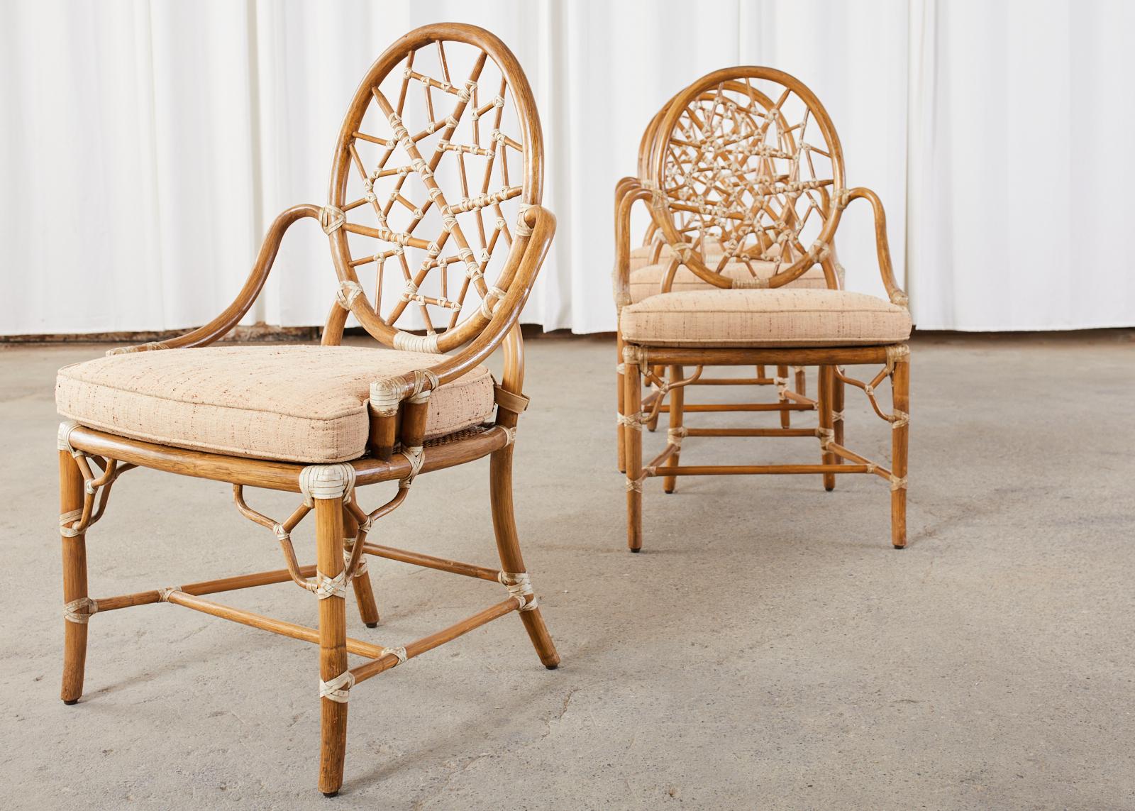 Leather Set of Four McGuire Cracked Ice Rattan Cane Dining Chairs