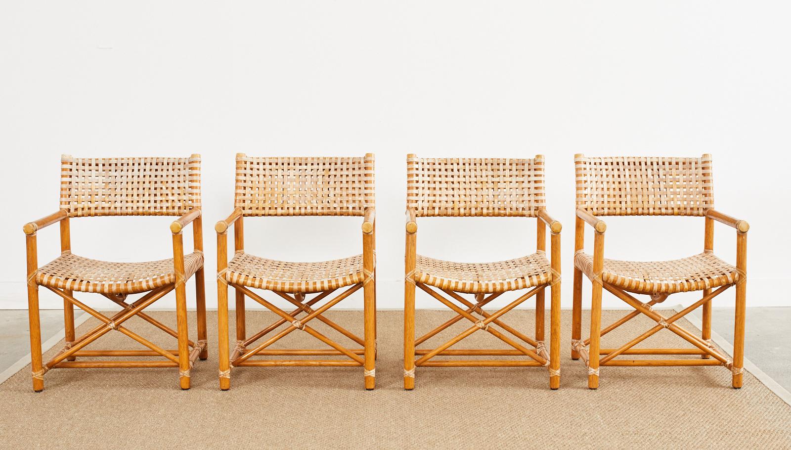 Organic Modern Set of Four McGuire Laced Rawhide Rattan Dining Armchairs For Sale
