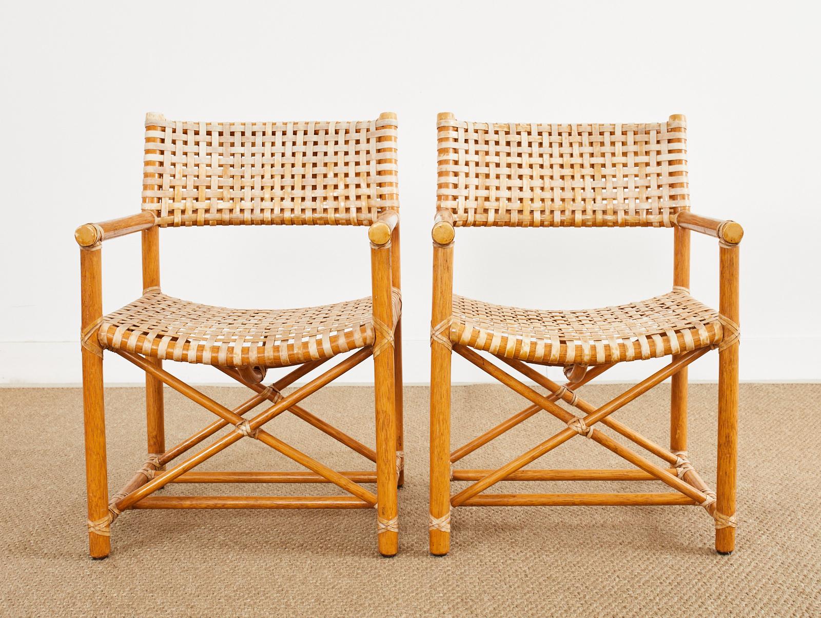 American Set of Four McGuire Laced Rawhide Rattan Dining Armchairs For Sale