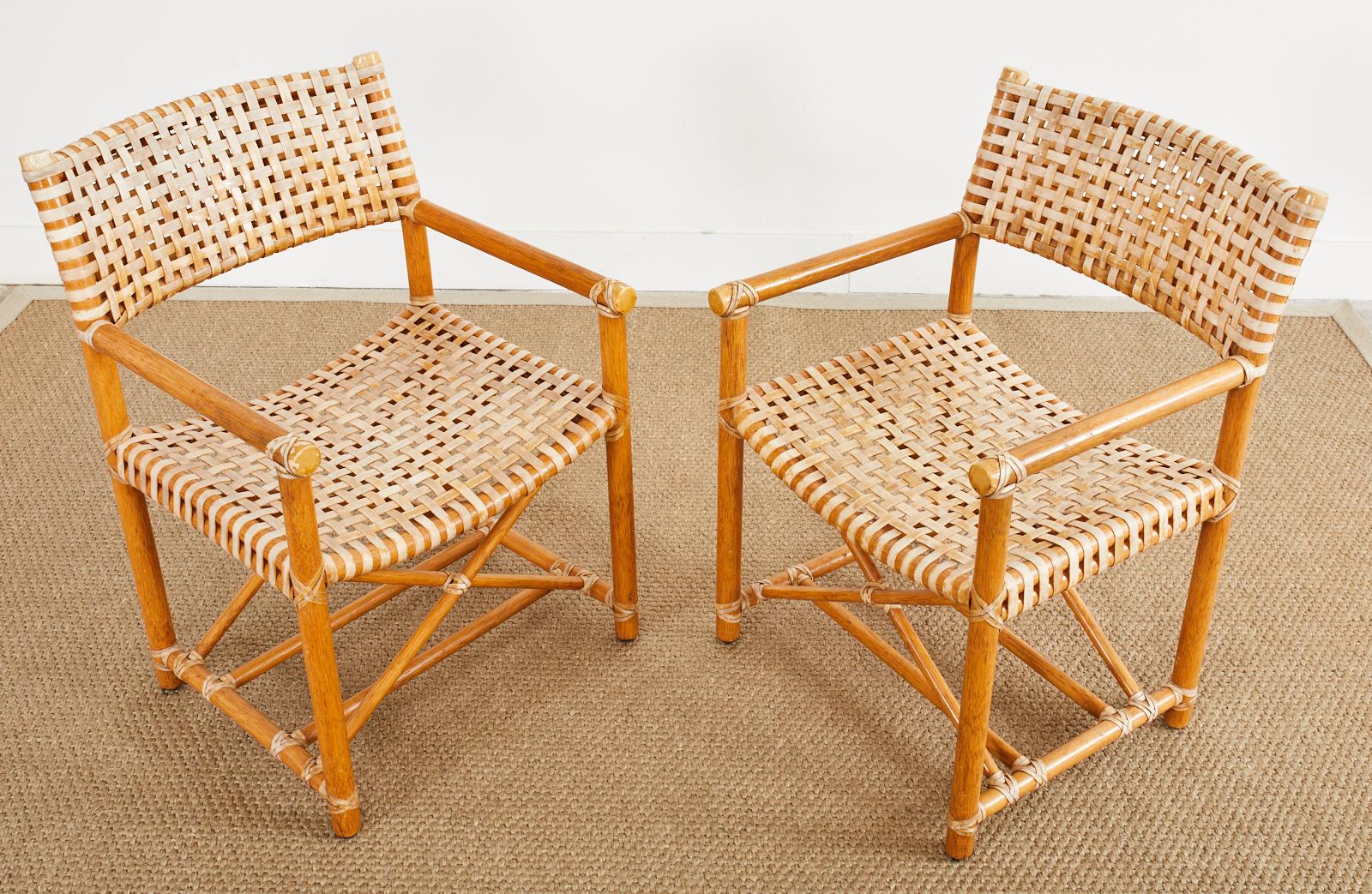 Set of Four McGuire Laced Rawhide Rattan Dining Armchairs In Good Condition For Sale In Rio Vista, CA