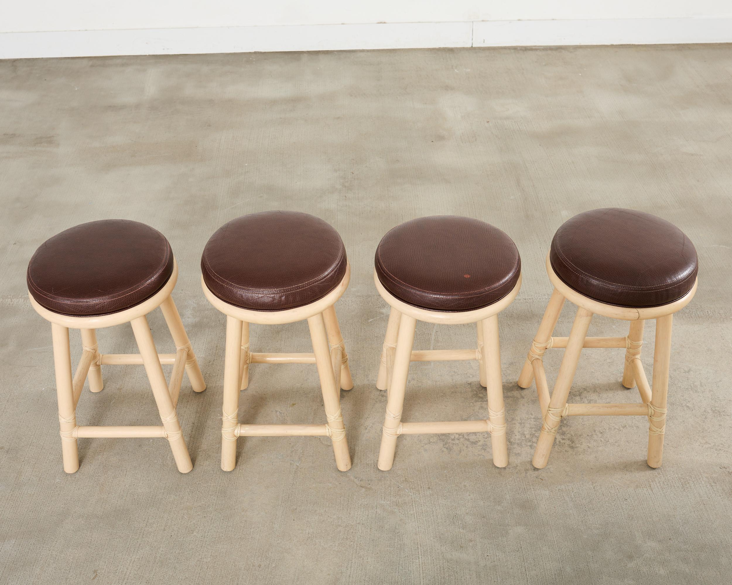 Hand-Crafted Set of Four McGuire Organic Modern Lacquered Rattan Bar Stools For Sale
