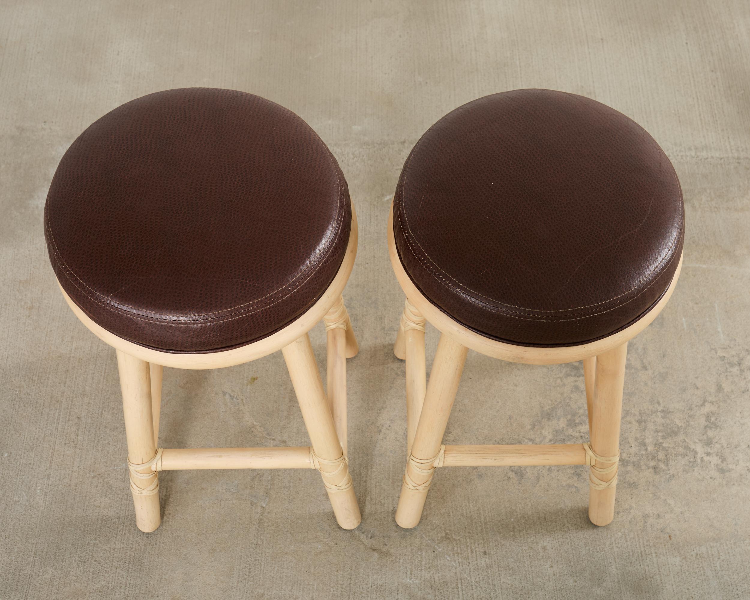 Leather Set of Four McGuire Organic Modern Lacquered Rattan Bar Stools For Sale