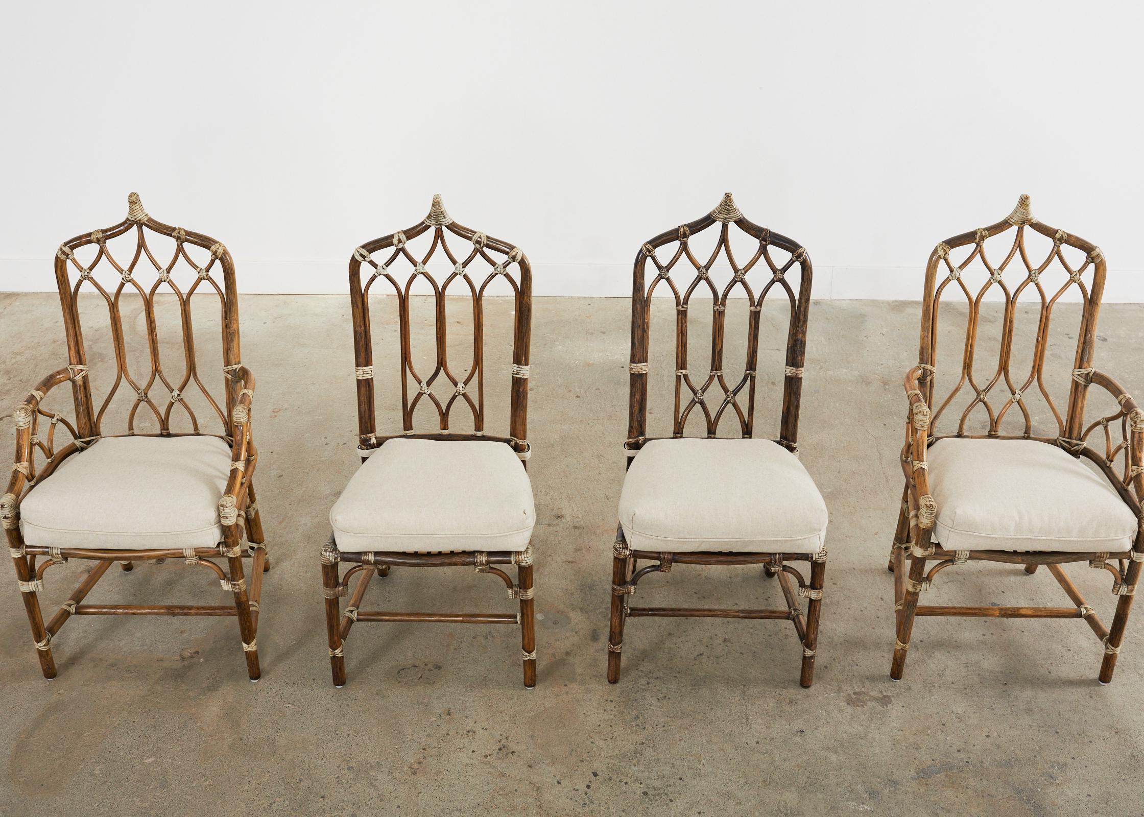 American Set of Four McGuire Organic Modern Rattan Cathedral Dining Chairs For Sale