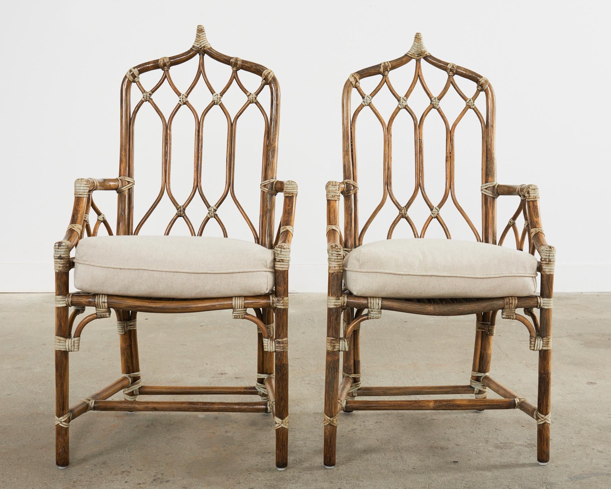 Hand-Crafted Set of Four McGuire Organic Modern Rattan Cathedral Dining Chairs For Sale