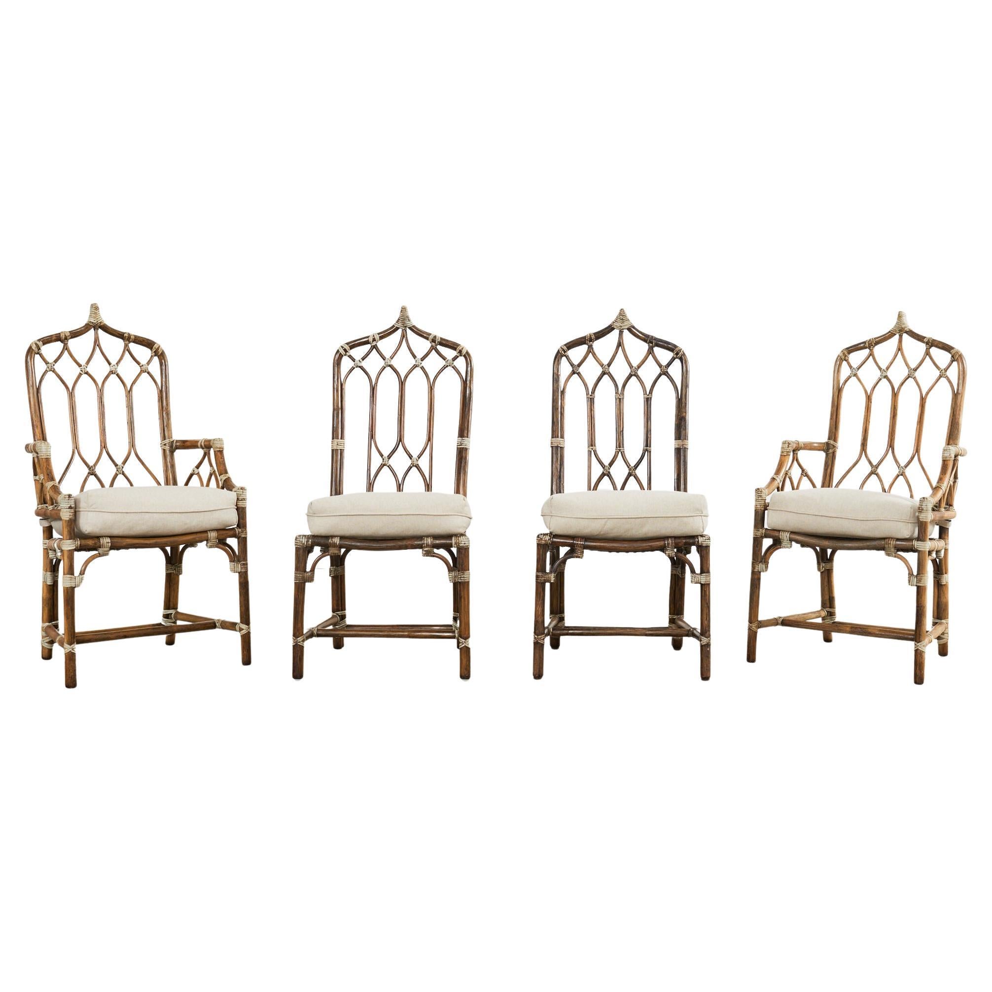 Set of Four McGuire Organic Modern Rattan Cathedral Dining Chairs For Sale