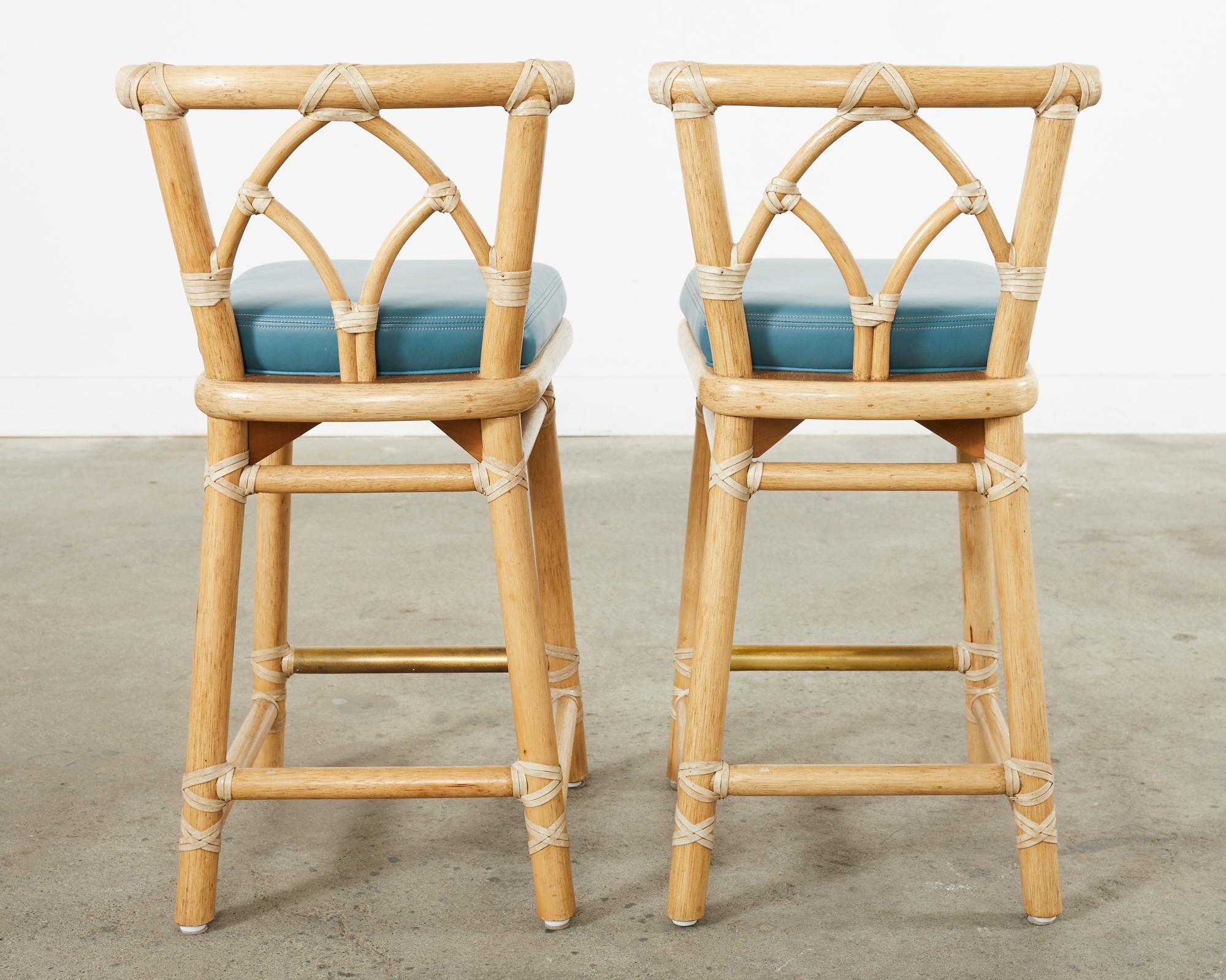 Set of Four McGuire Organic Modern Rattan Leather Counter Stools For Sale 3