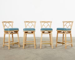 Set of Four McGuire Organic Modern Rattan Leather Counter Stools