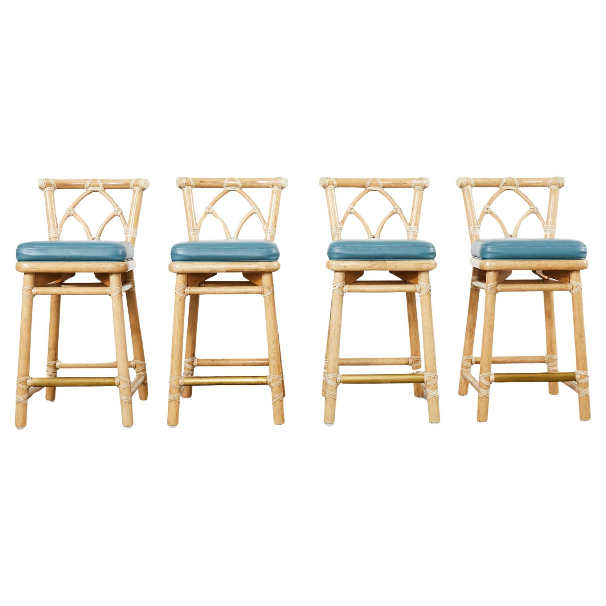 Set of Four McGuire Organic Modern Rattan Leather Counter Stools For Sale