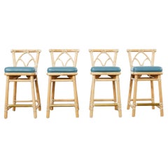 Vintage Set of Four McGuire Organic Modern Rattan Leather Counter Stools