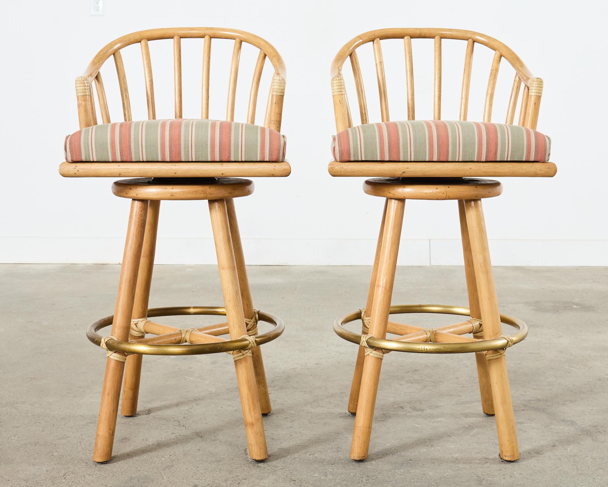Hand-Crafted Set of Four McGuire Organic Modern Rattan Oak Swivel Barstools For Sale
