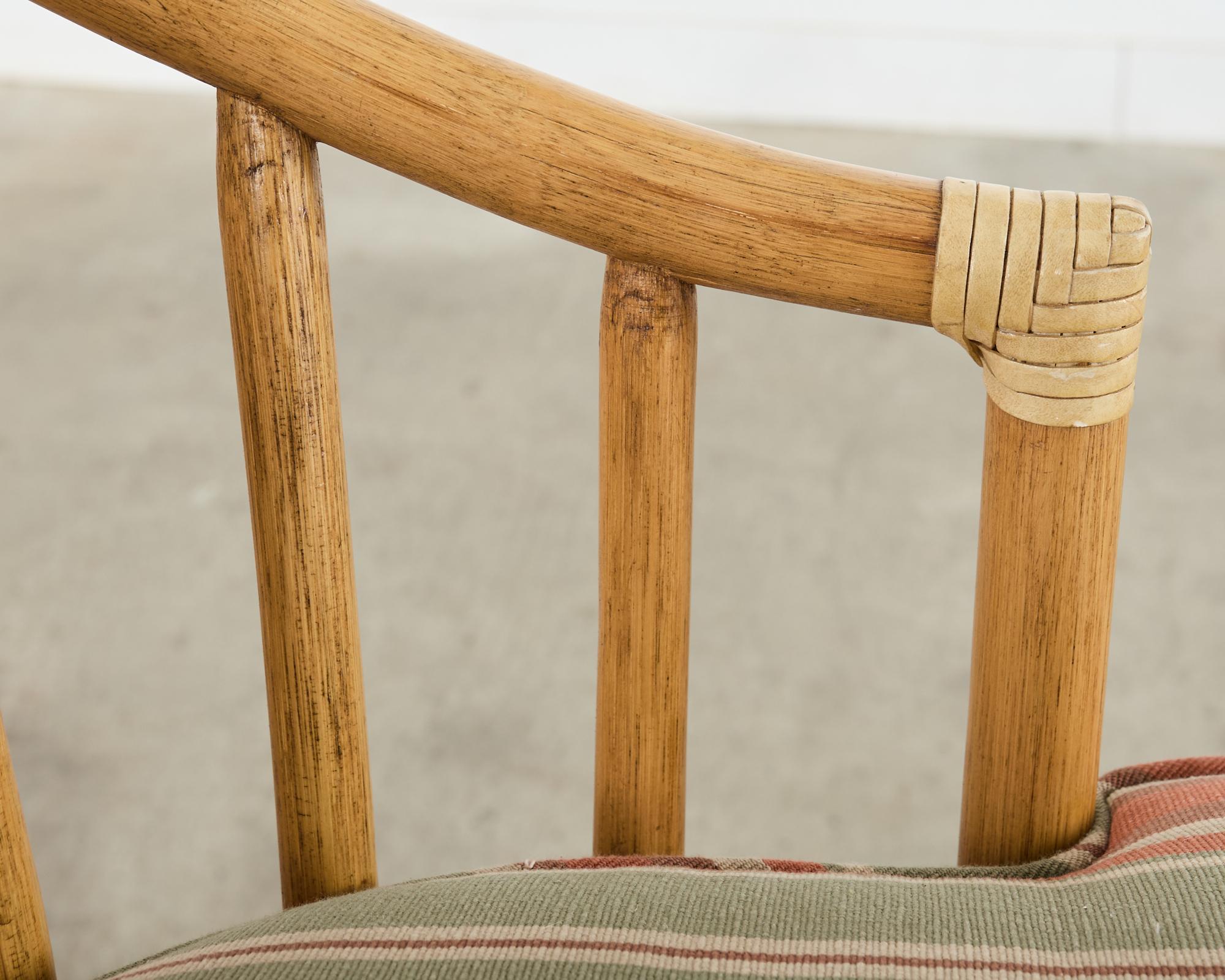 Brass Set of Four McGuire Organic Modern Rattan Oak Swivel Barstools For Sale