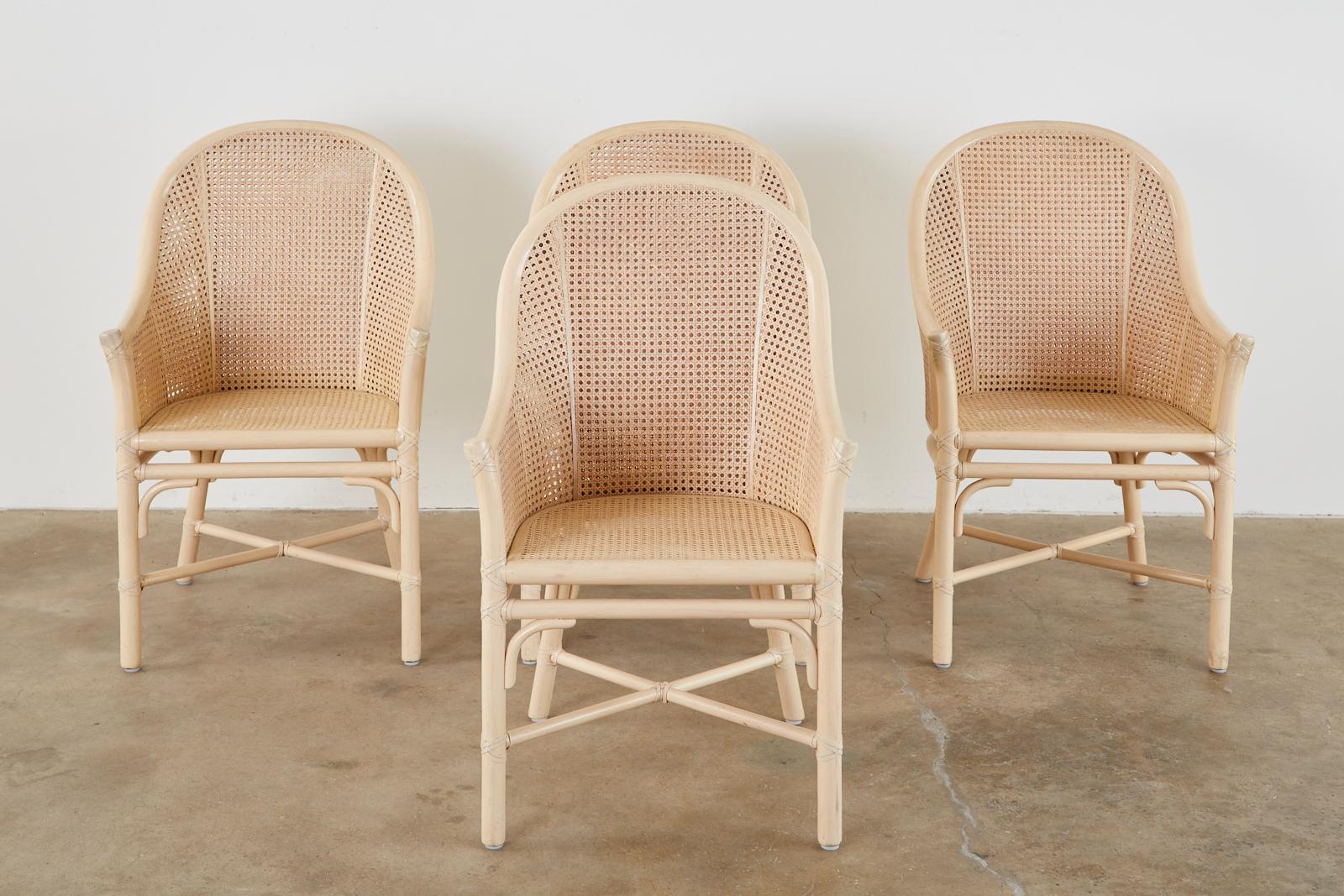 Hand-Crafted Set of Four McGuire Rattan and Cane Barrel Dining Chairs