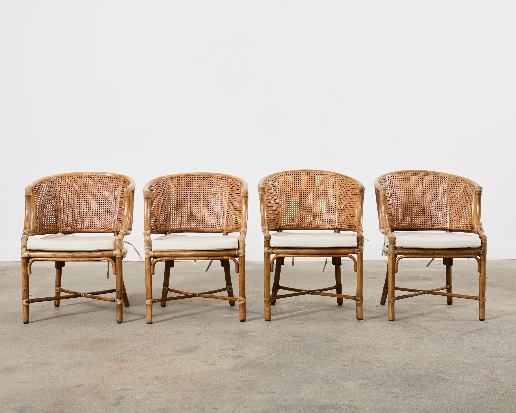 Organic Modern Set of Four McGuire Rattan Cane Barrel Dining Chairs For Sale