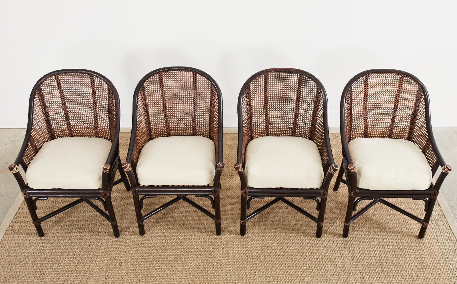 Organic Modern Set of Four McGuire Rattan Cane Barrel Dining Chairs