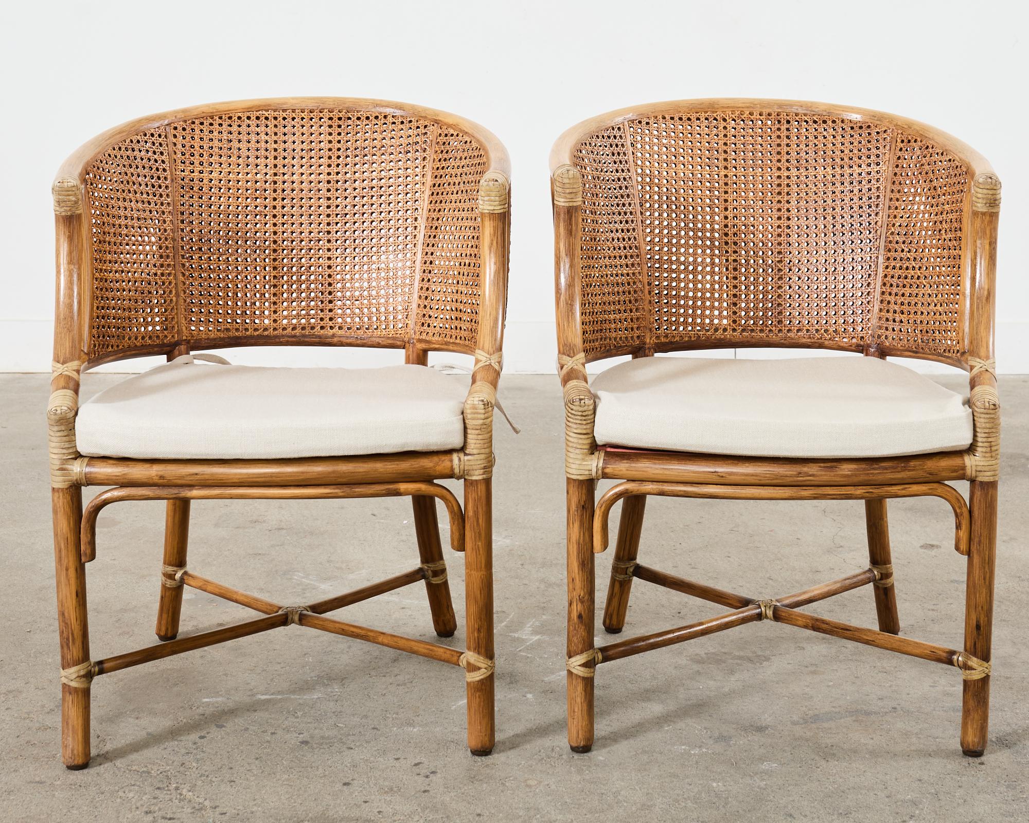 American Set of Four McGuire Rattan Cane Barrel Dining Chairs For Sale