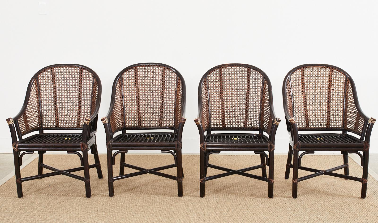 American Set of Four McGuire Rattan Cane Barrel Dining Chairs