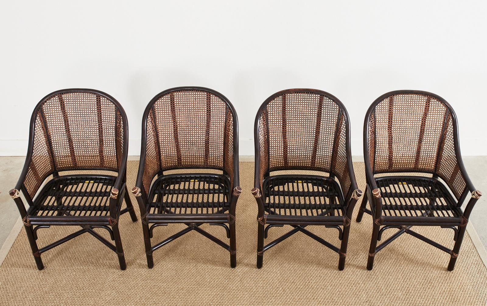 Hand-Crafted Set of Four McGuire Rattan Cane Barrel Dining Chairs