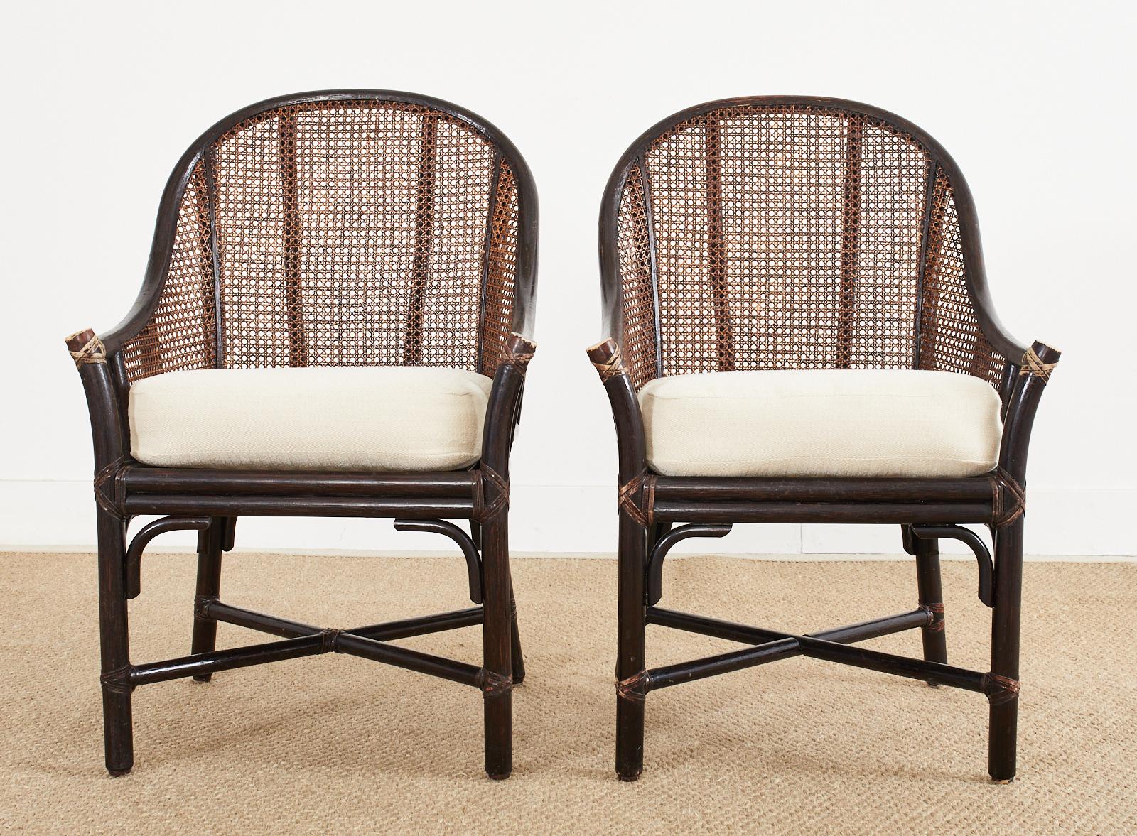 Contemporary Set of Four McGuire Rattan Cane Barrel Dining Chairs