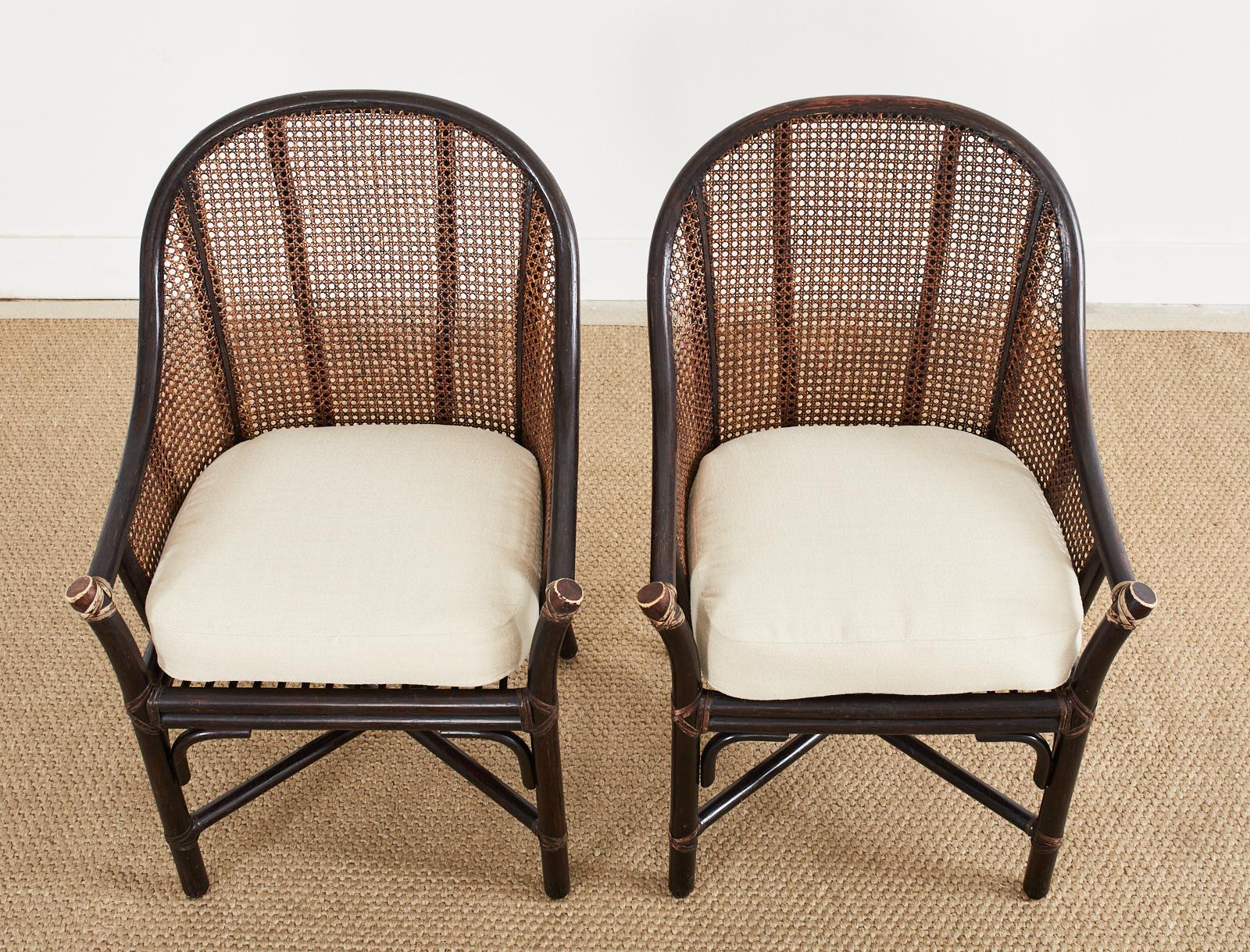 Leather Set of Four McGuire Rattan Cane Barrel Dining Chairs