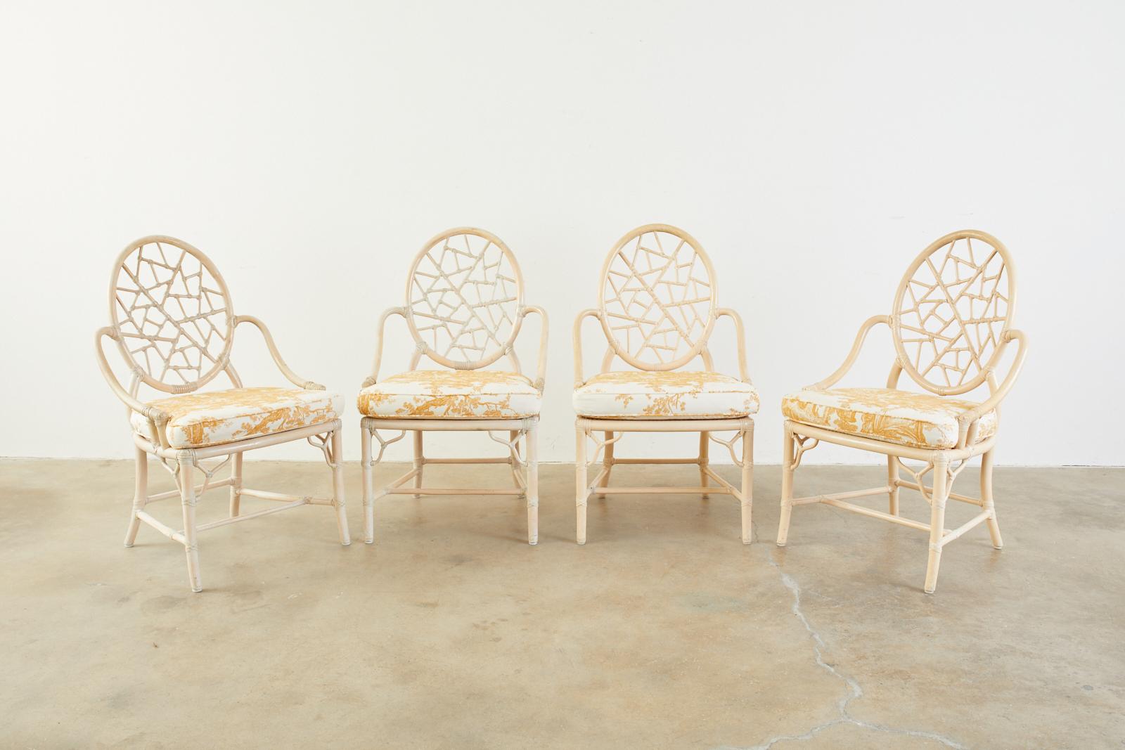Set of Four McGuire Rattan Cane Cracked Ice Dining Chairs 9