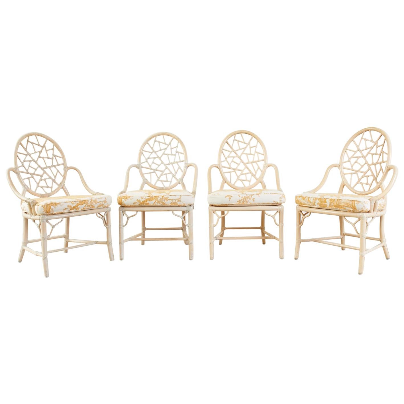 Set of Four McGuire Rattan Cane Cracked Ice Dining Chairs