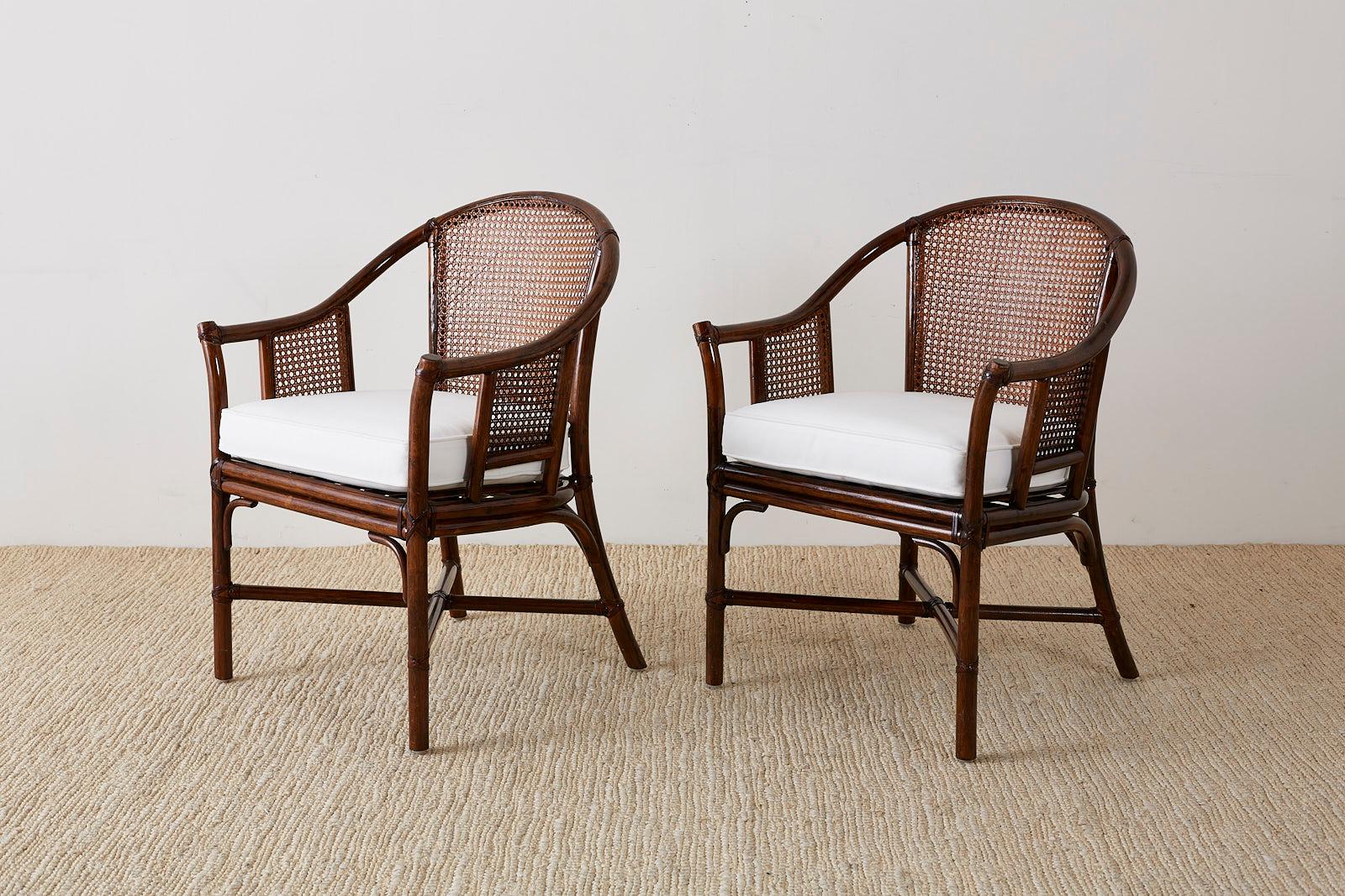 Leather Set of Four McGuire Rattan Cane Horseshoe Lounge Chairs