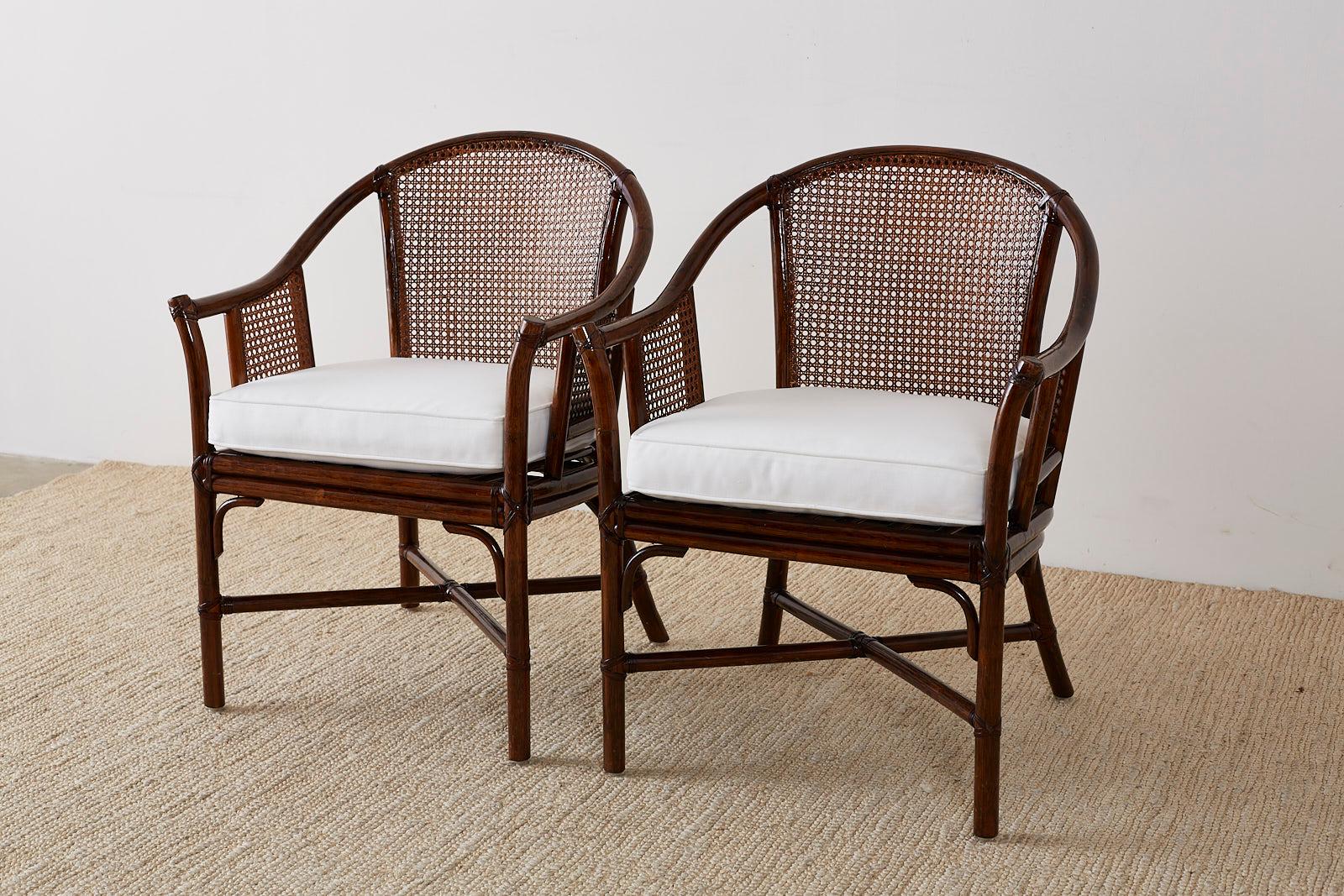 American Set of Four McGuire Rattan Cane Horseshoe Lounge Chairs