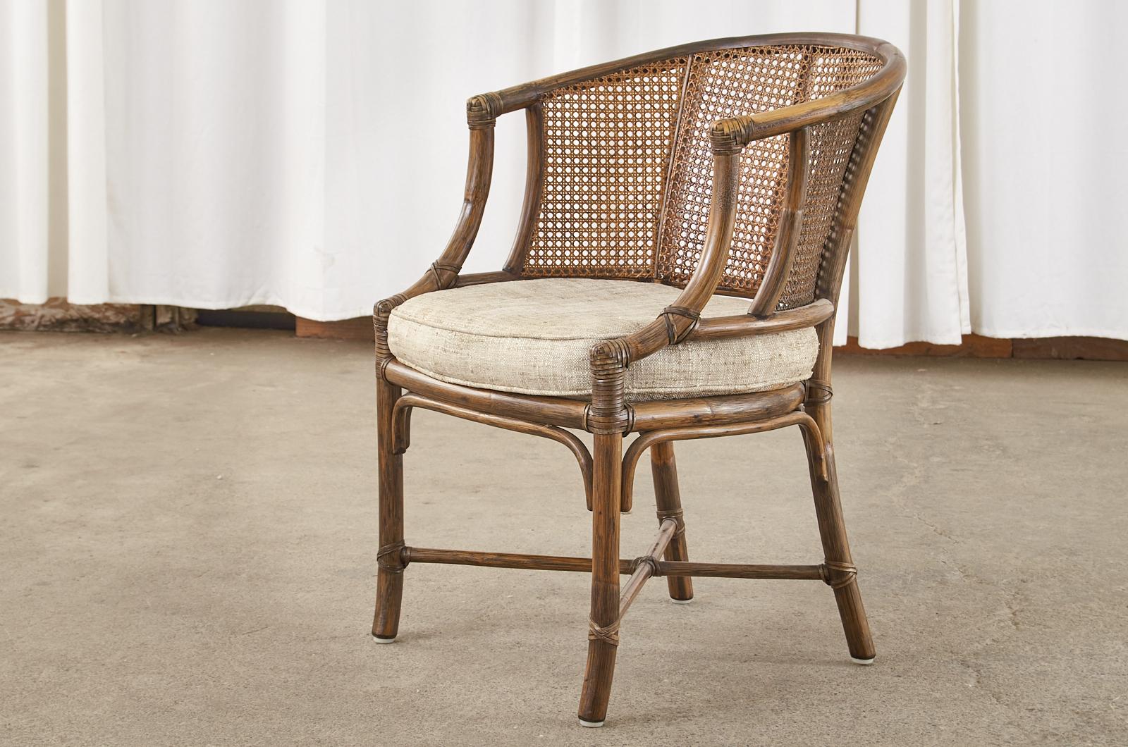 20th Century Set of Four McGuire Rattan Caned Barrel Dining Chairs