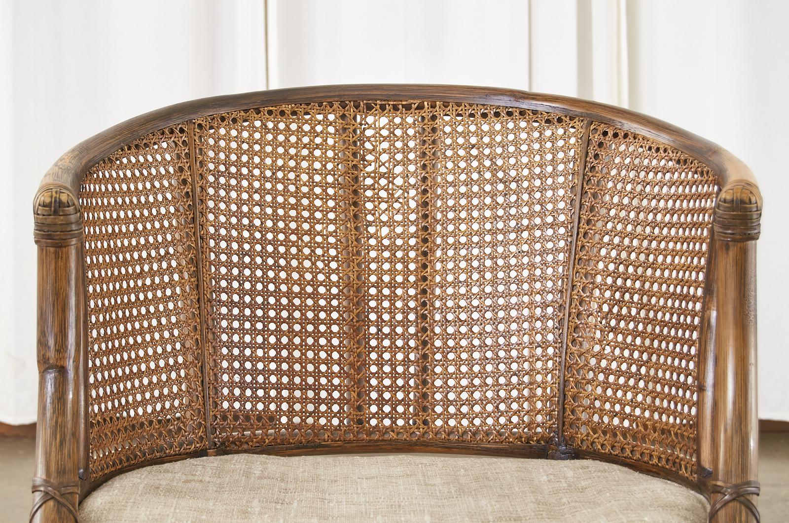 Leather Set of Four McGuire Rattan Caned Barrel Dining Chairs