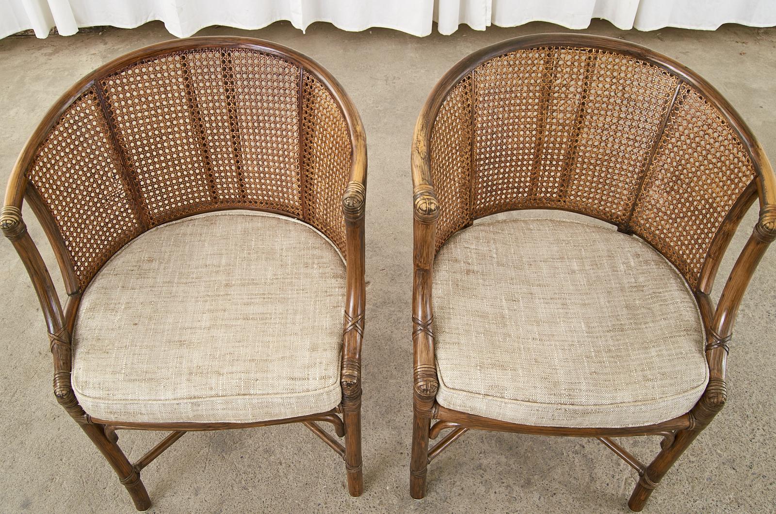 Organic Modern Set of Four McGuire Rattan Caned Barrel Dining Chairs