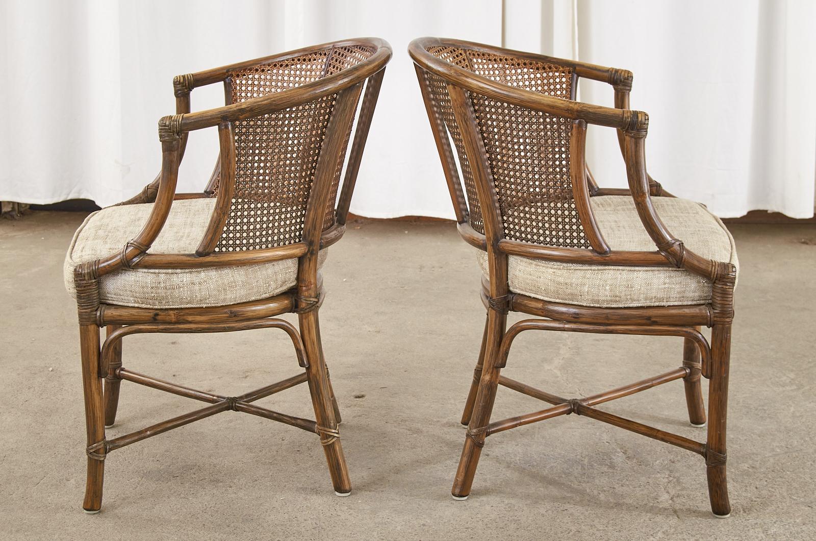 American Set of Four McGuire Rattan Caned Barrel Dining Chairs