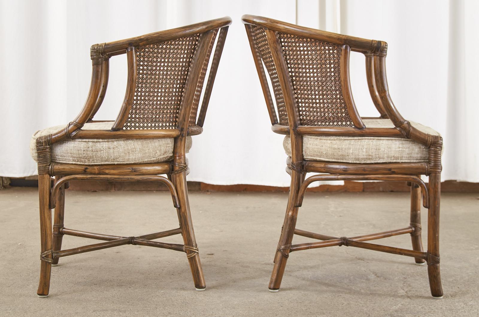 Hand-Crafted Set of Four McGuire Rattan Caned Barrel Dining Chairs