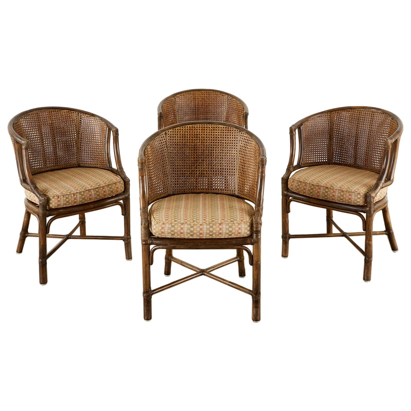 Set of Four McGuire Rattan Caned Organic Modern Armchairs