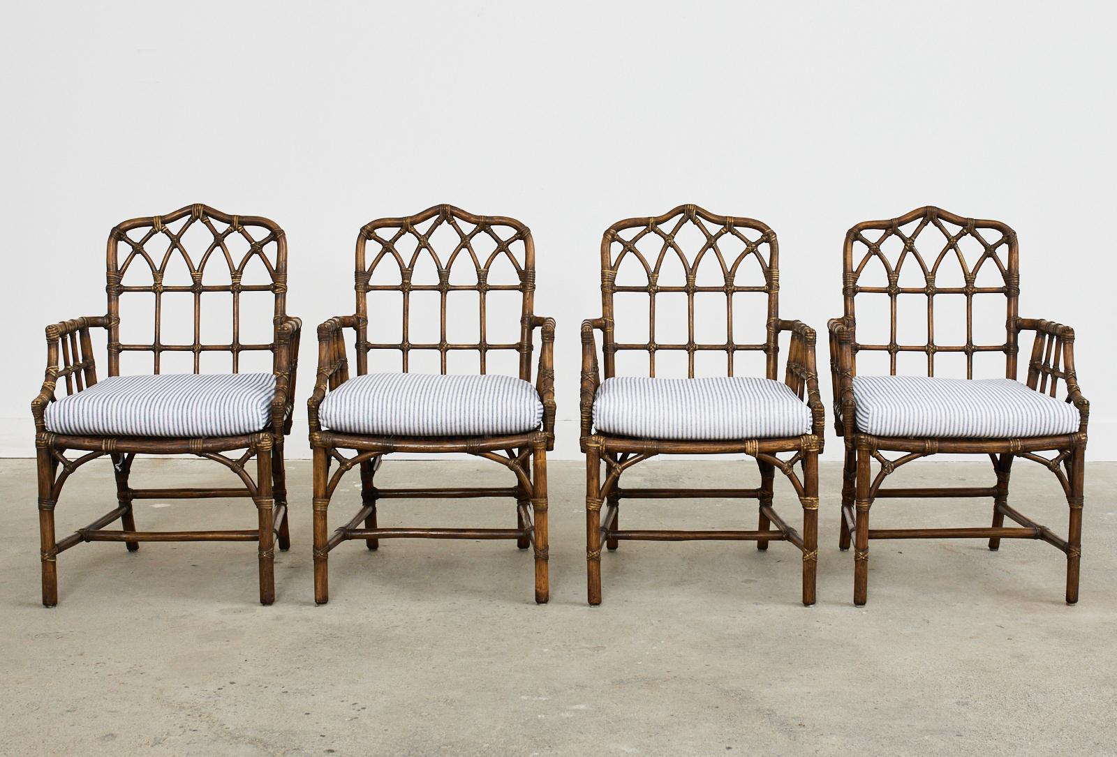 Organic Modern Set of Four McGuire Rattan Cathedral Back Dining Armchairs