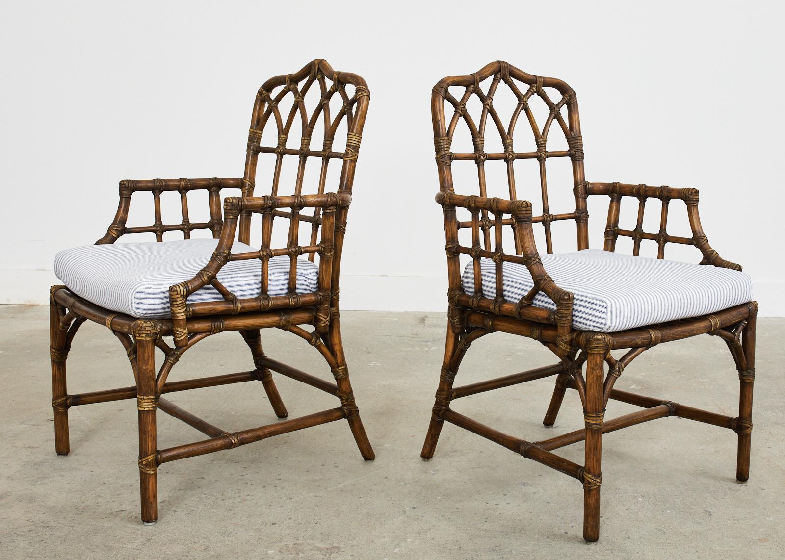 American Set of Four McGuire Rattan Cathedral Back Dining Armchairs