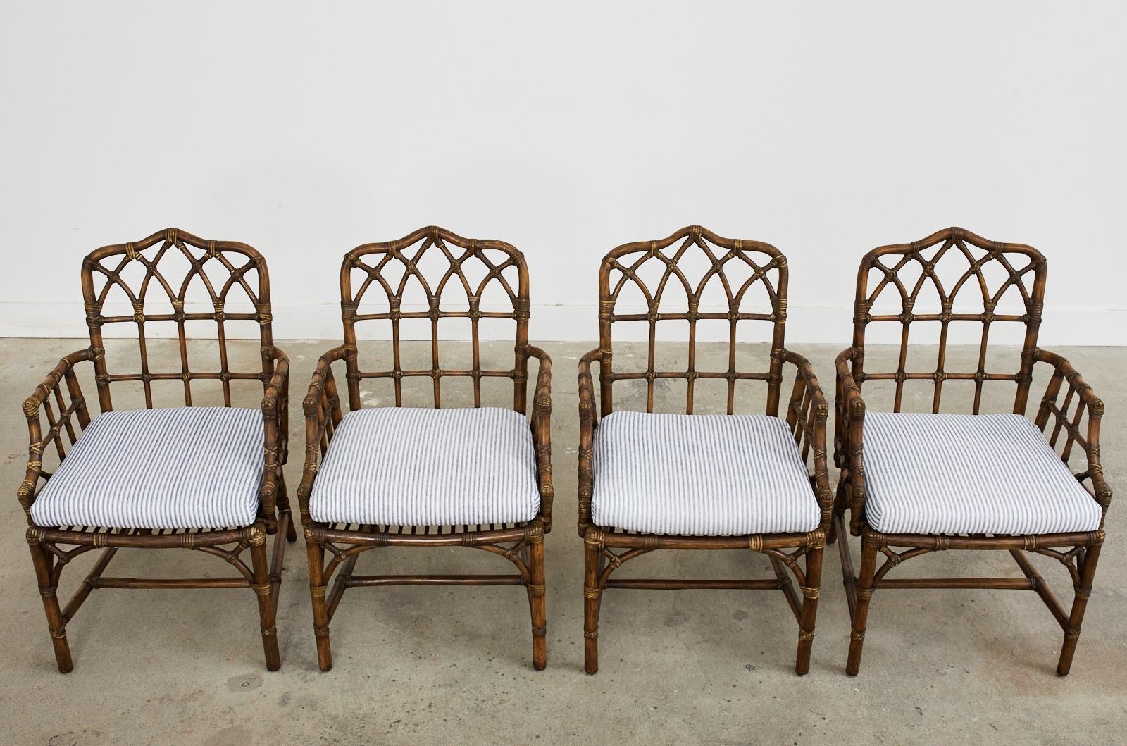 Hand-Crafted Set of Four McGuire Rattan Cathedral Back Dining Armchairs