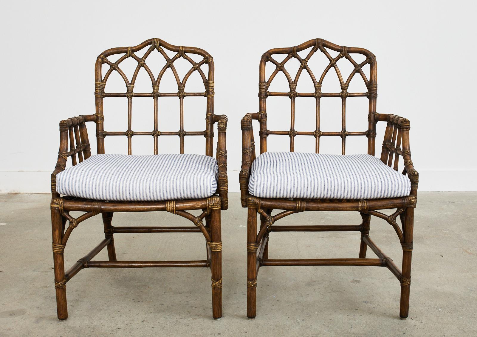 Set of Four McGuire Rattan Cathedral Back Dining Armchairs In Good Condition In Rio Vista, CA