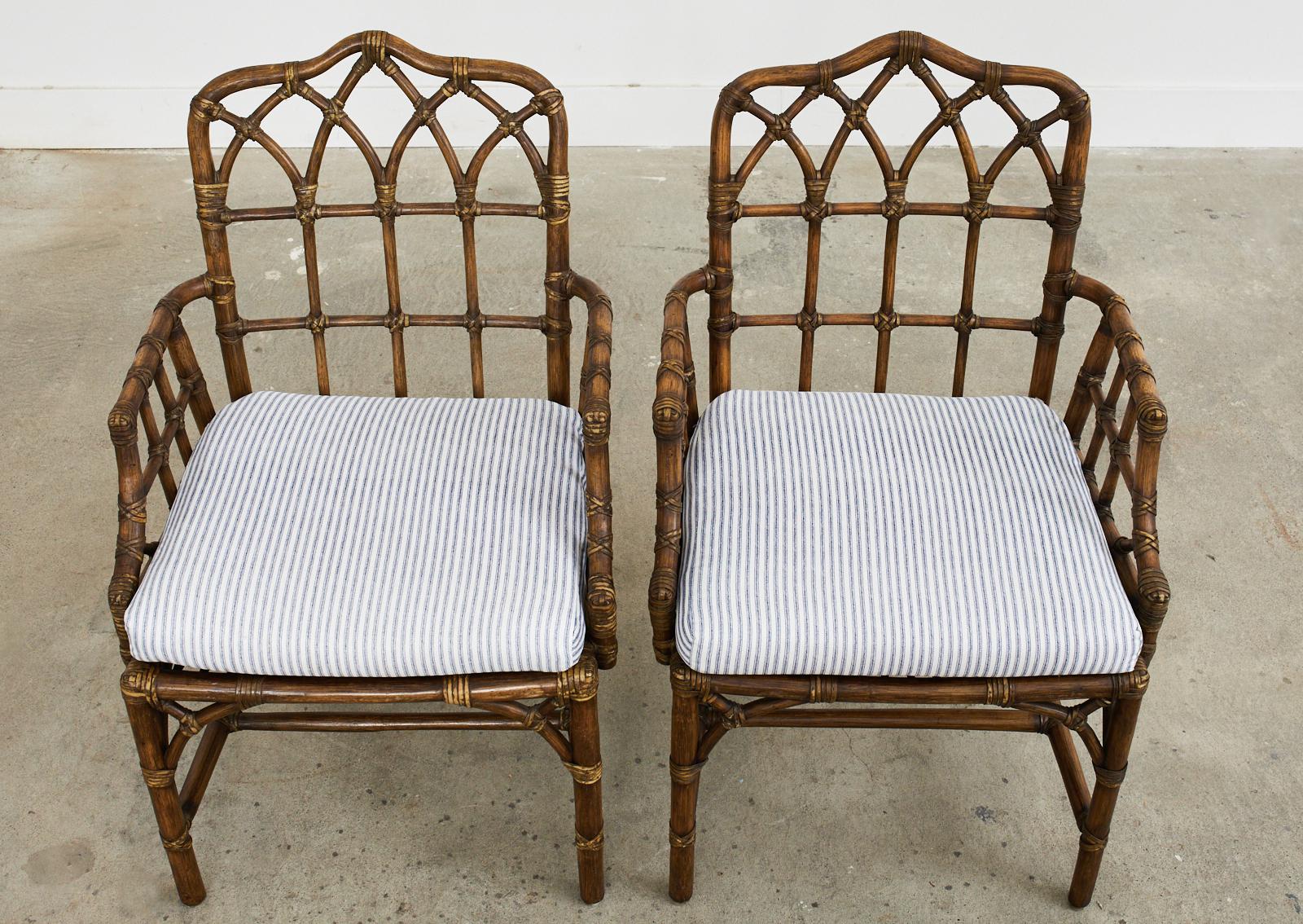 Leather Set of Four McGuire Rattan Cathedral Back Dining Armchairs