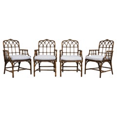 Set of Four McGuire Rattan Cathedral Back Dining Armchairs