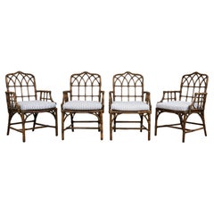 Vintage Set of Four McGuire Rattan Cathedral Back Dining Armchairs