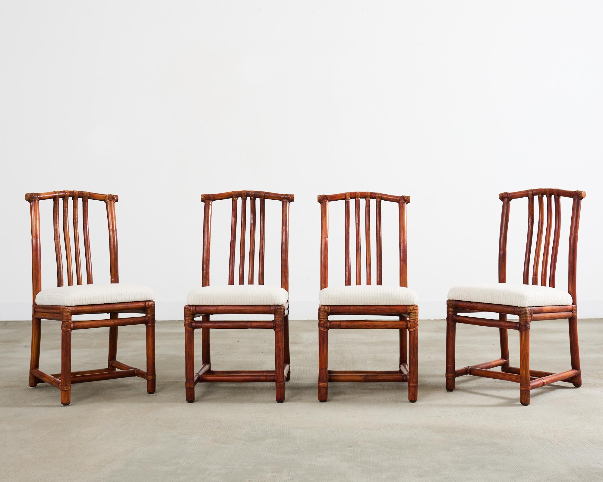 Organic Modern Set of Four McGuire Rattan Chinese Officials Hat Dining Chairs For Sale