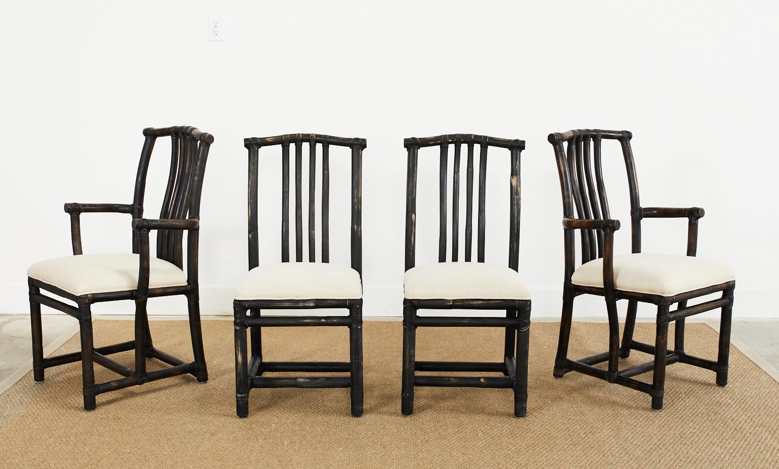 Organic Modern Set of Four McGuire Rattan Chinese Officials Hat Dining Chairs