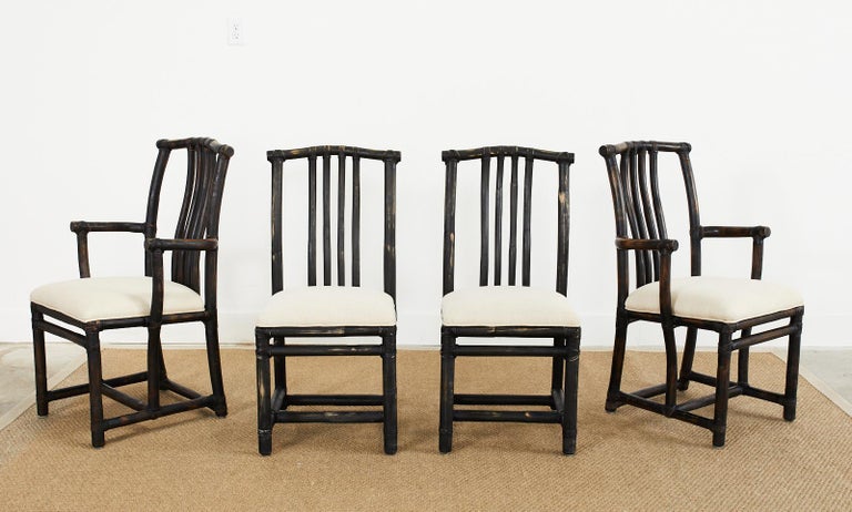 American Set of Four McGuire Rattan Chinese Officials Hat Dining Chairs For Sale
