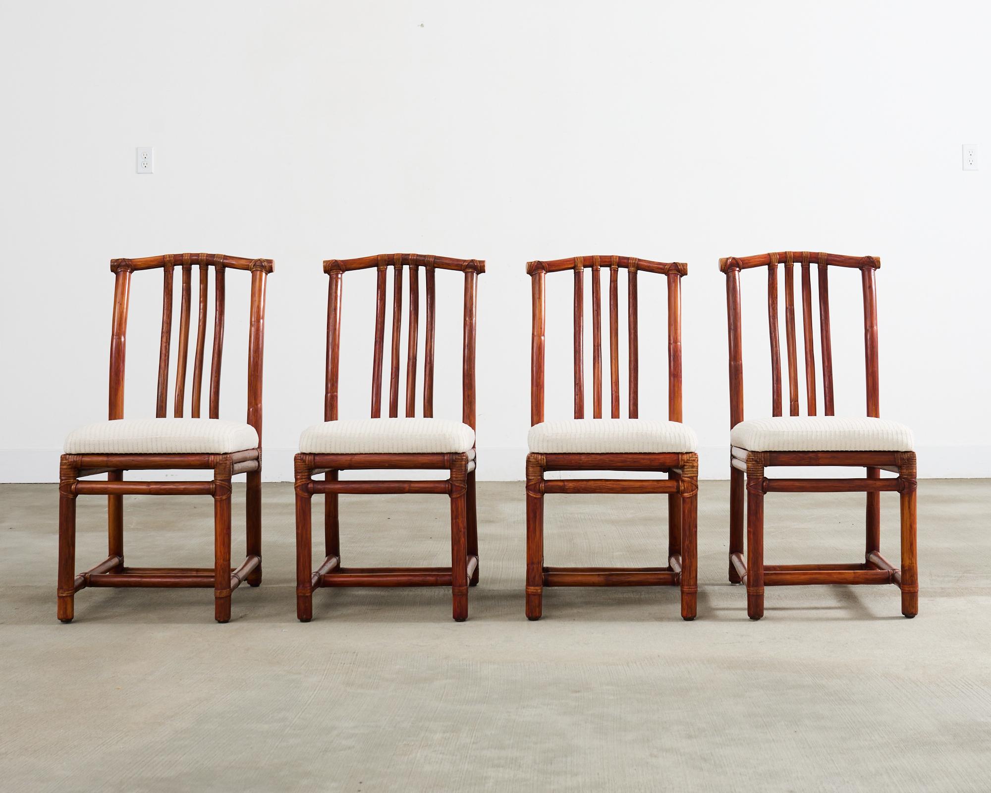 American Set of Four McGuire Rattan Chinese Officials Hat Dining Chairs For Sale