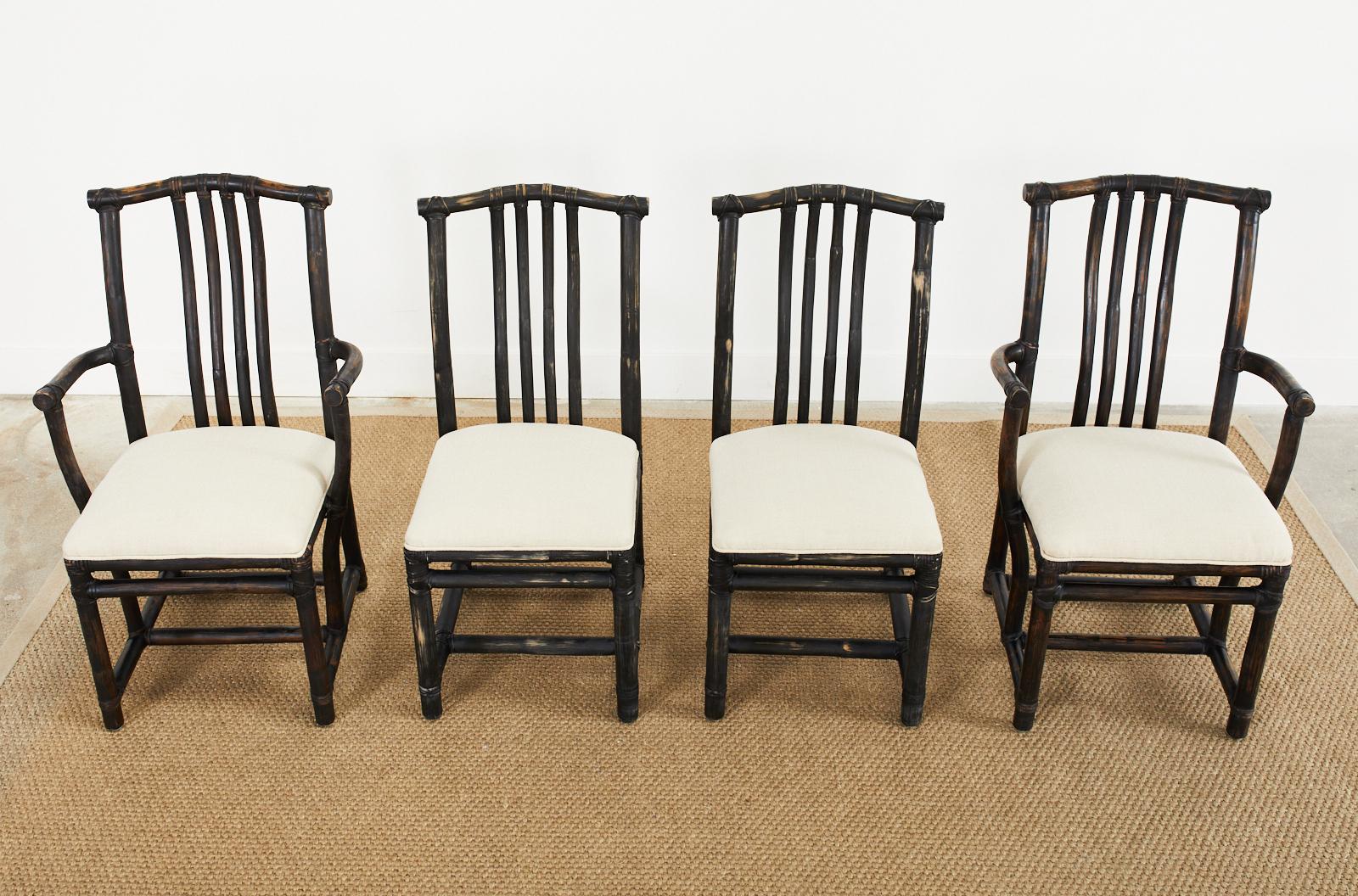 American Set of Four McGuire Rattan Chinese Officials Hat Dining Chairs